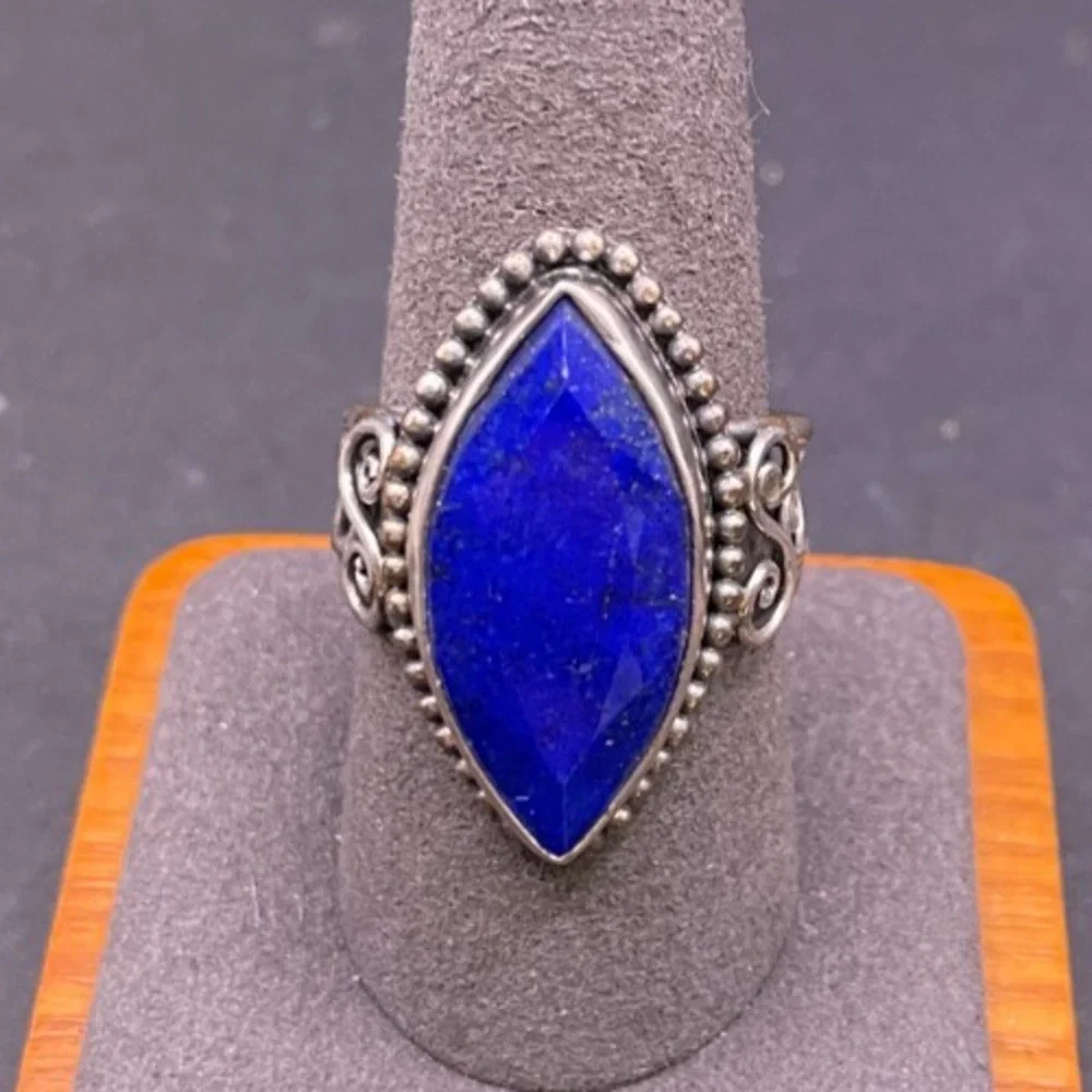 Vtg Blue Lapis Lazuli Faceted Gemstone 925 Sterling Silver Cocktail Ring Sz 9.5